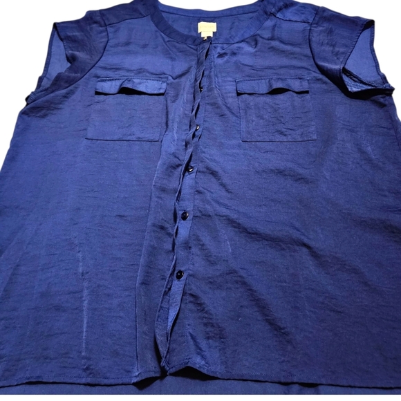 Chico's Sz 3 (XL/16) Blue Button Front Blouse Top Short Sleeve Satin Look Pocket - Picture 4 of 11